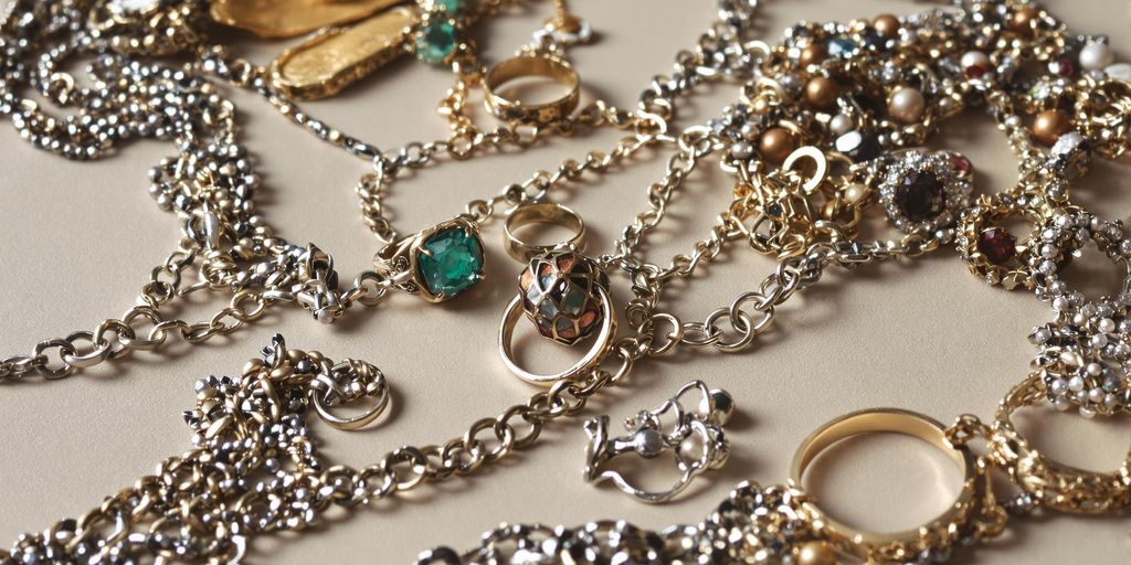 Bijoux anciens et modernes assemblés sur une surface.