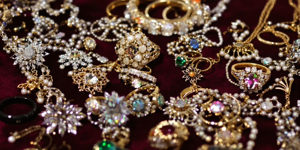 Bijoux d'occasion exposés pour la vente.