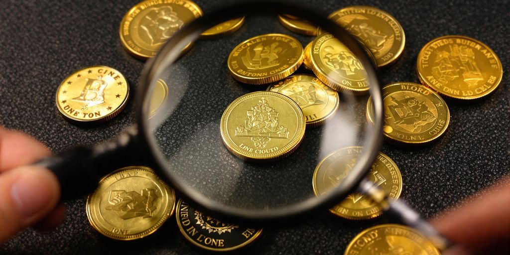 Vieilles pièces d'or avec une loupe.