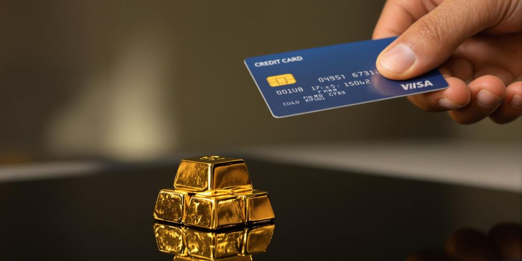 Main tendant une carte de crédit vers des lingots d'or.