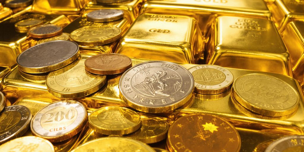 Lingots d'or empilés, entourés de monnaies diverses.