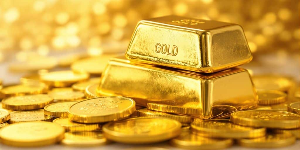 Lingots d'or brillants et pièces luxueuses empilées