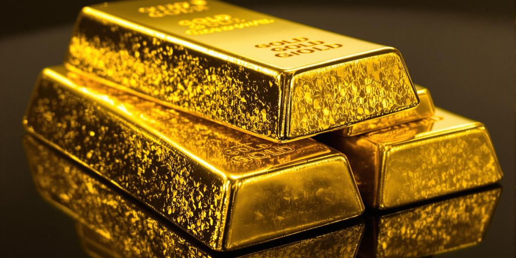 Lingots d'or empilés sur une surface sombre et brillante.