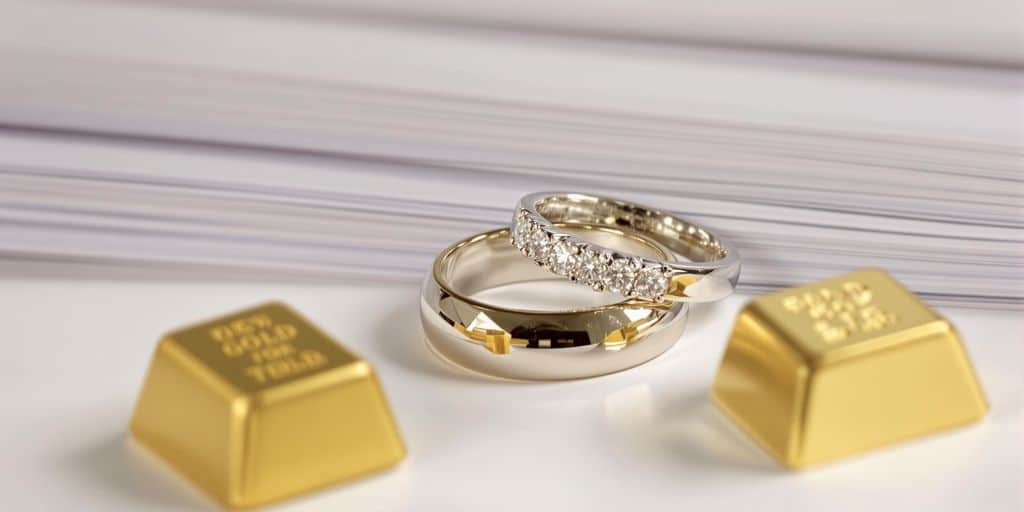 Des anneaux d'or et documents importants sur une table.