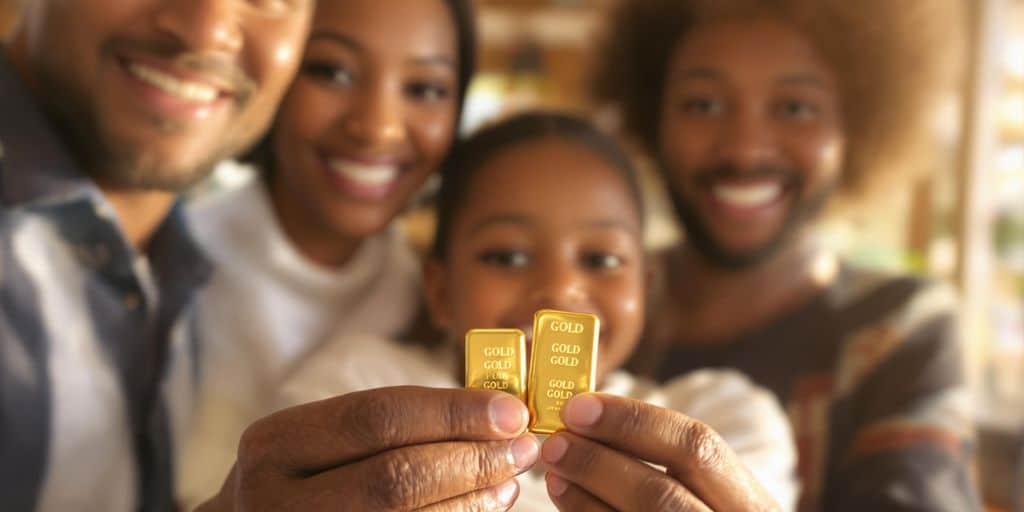 Famille souriante avec des lingots d'or brillants