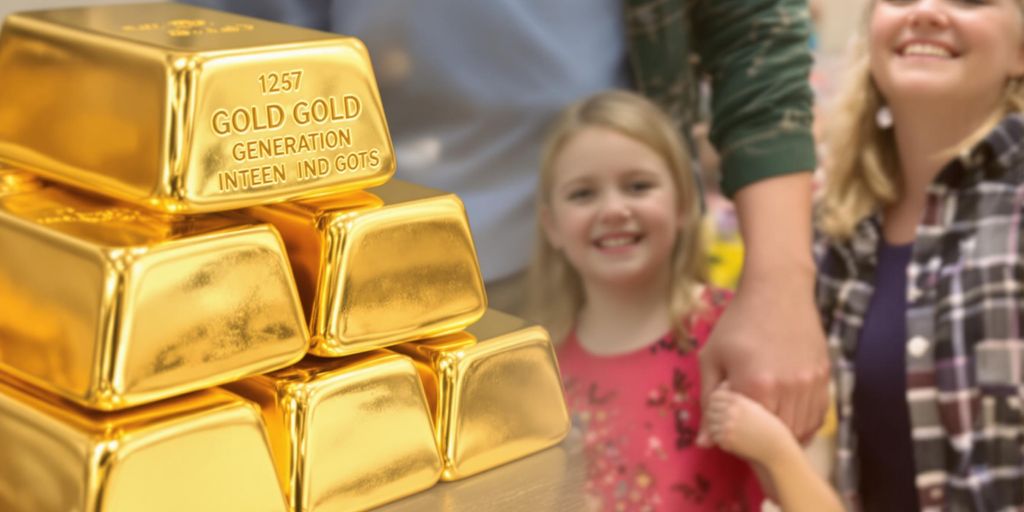 Petits-enfants et grands-parents avec des lingots d'or.
