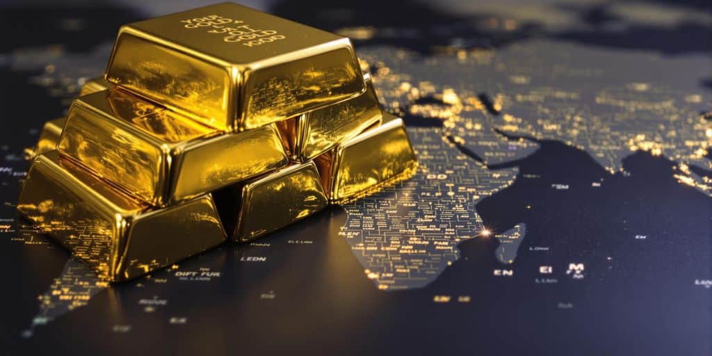 Lingots d'or empilés sur une carte du monde sombre