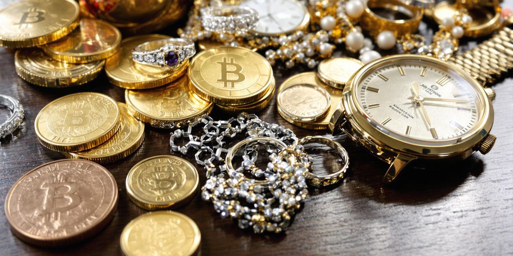 Bijoux, or, et montres sur une table.
