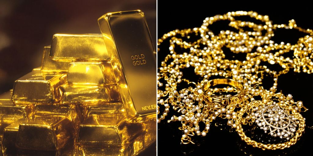 Lingots d'or neufs et bijoux recyclés