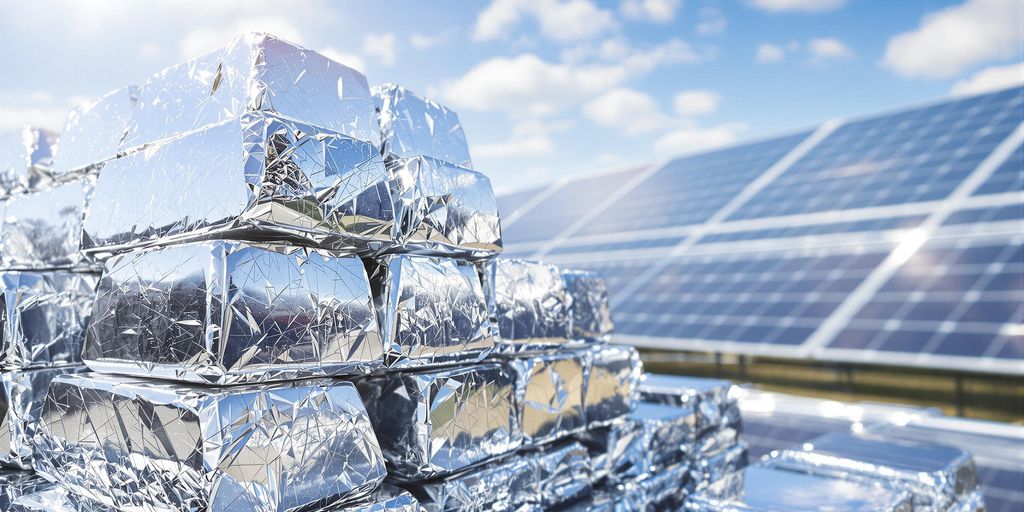 Lingots d'argent empilés, panneaux solaires en arrière-plan.