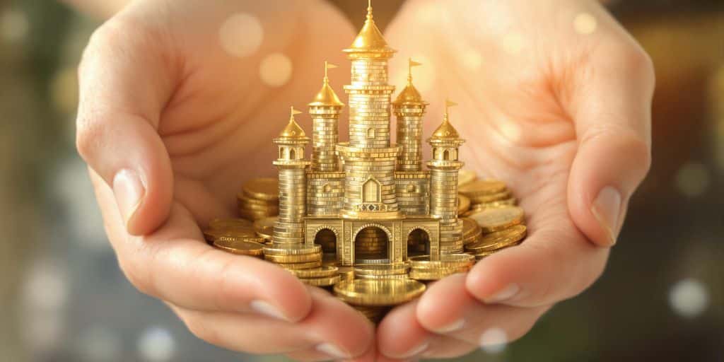 Fortress, coins, safe, hands, growth, protection.