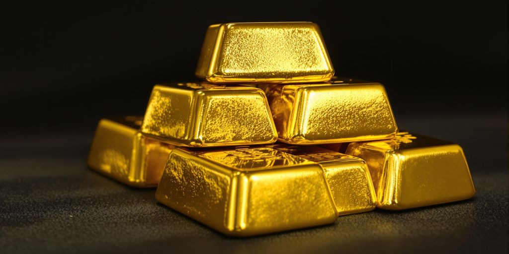Lingots d'or empilés, brillant sous la lumière.