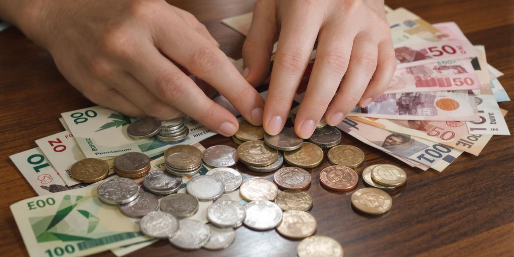 Personne regardant des pièces de monnaie et des billets de banque