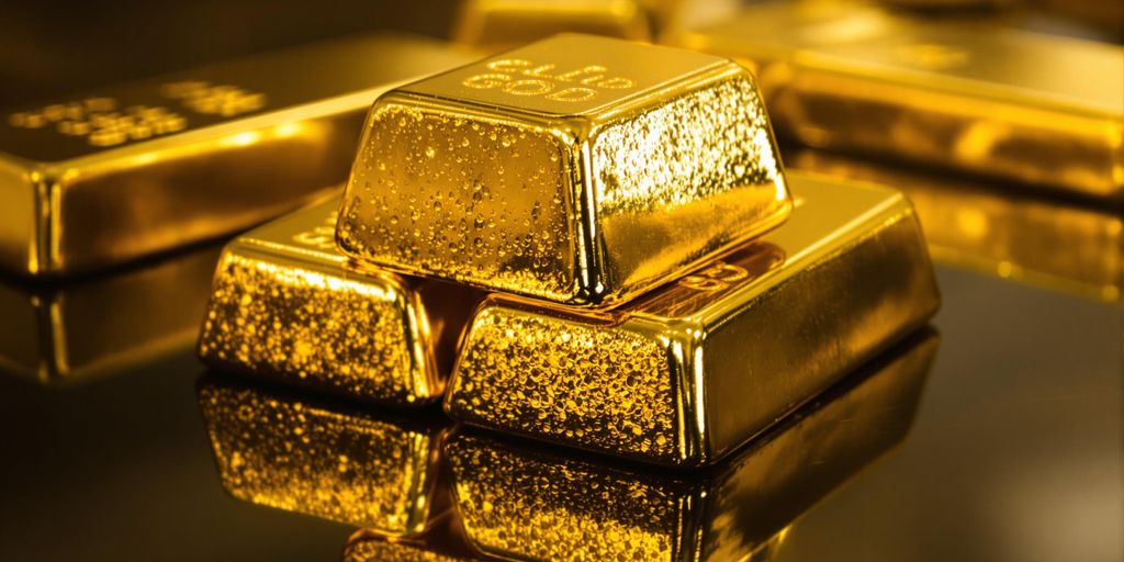 Lingots d'or empilés, reflets brillants sur surface sombre.