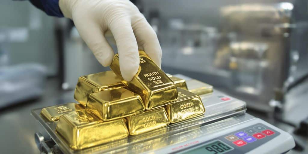 Lingots d'or empilés sur une balance numérique douanière.
