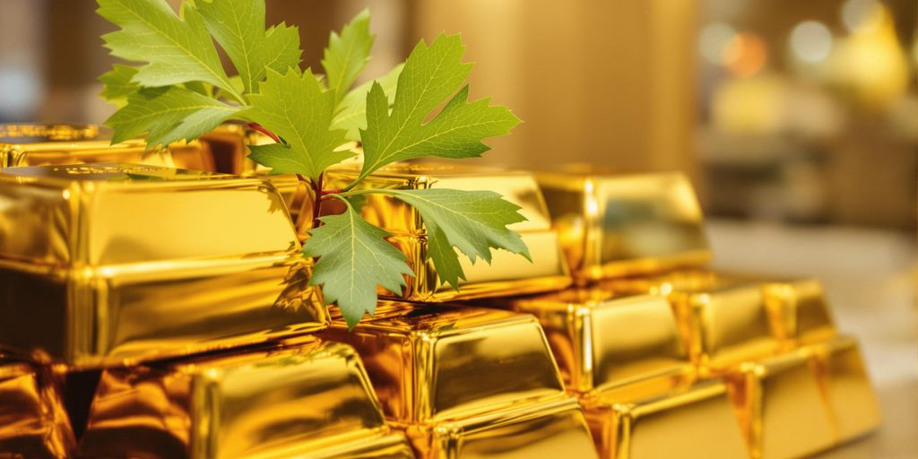 Lingots d'or et feuilles de chêne sur fond bancaire
