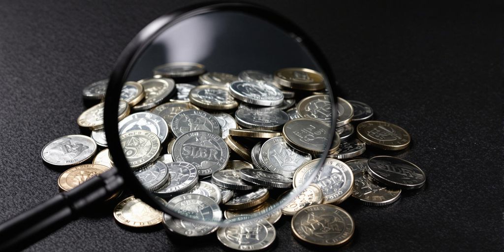 Pièces d'argent empilées avec une loupe.