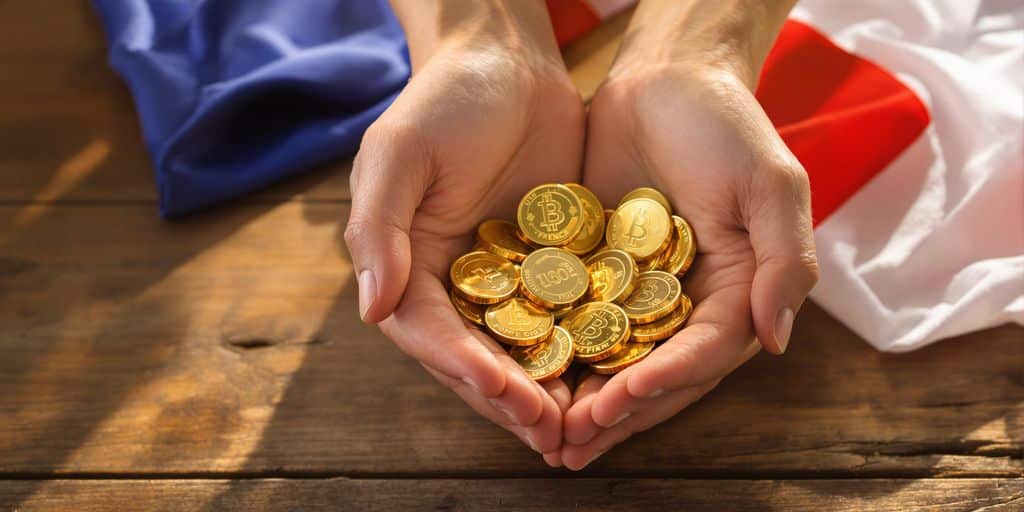 Mains tenant pièces d’or sur table bois devant drapeau flou