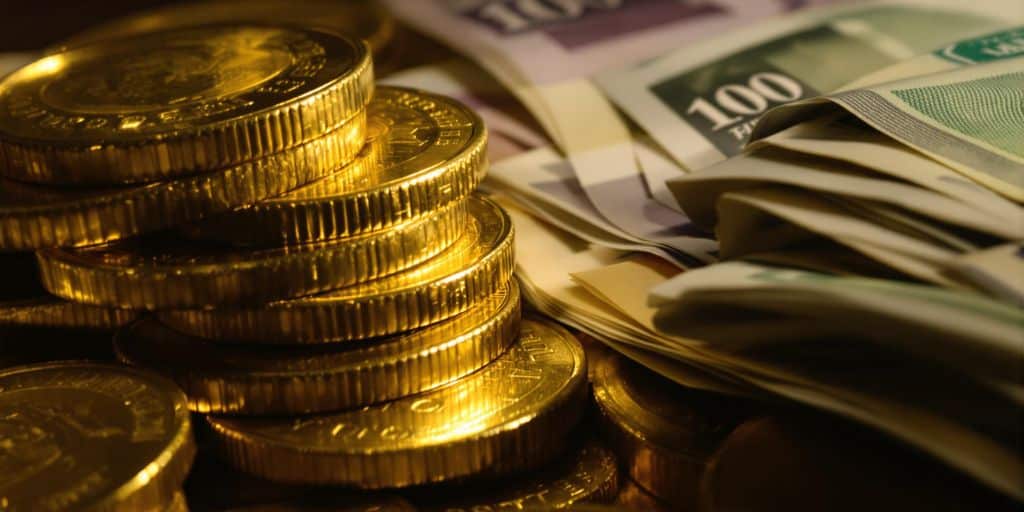 Pile de pièces d'or et billets de banque.