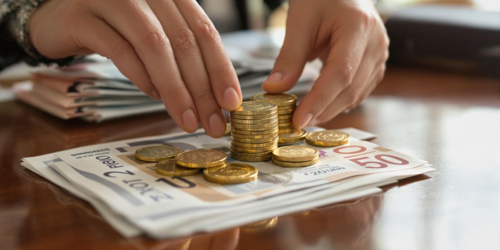 Investisseur contemplant des piles de pièces d'or et de billets.