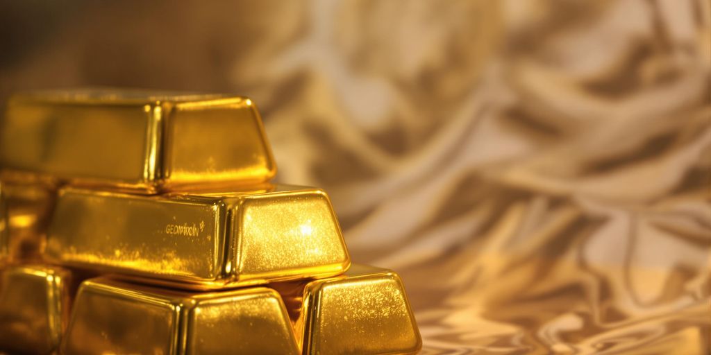 Lingots d'or brillant sur fond chaotique.