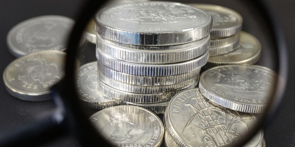 Pièces en argent empilées et une loupe.