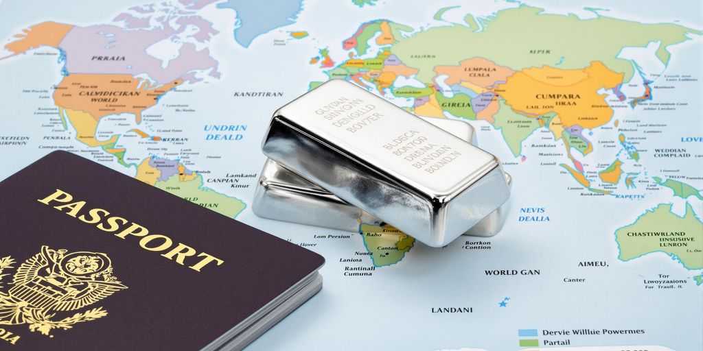 Lingots d'argent et passeport sur une carte du monde.