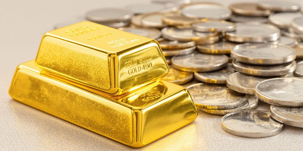 Lingots d'or et pièces d'argent sur fond texturé.