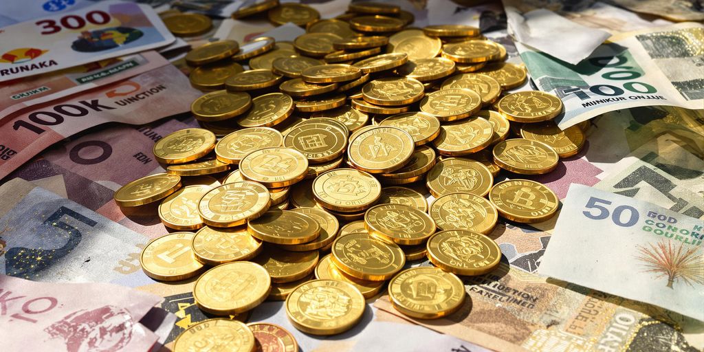 Pièces d'or et billets de banque formant des cercles concentriques.