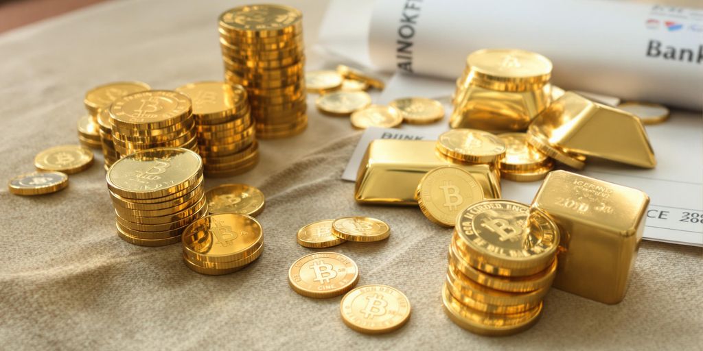 Lingots, pièces d'or et documents bancaires sur une table.