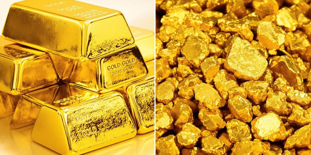 Lingots d'or neufs et pépites d'or recyclées.