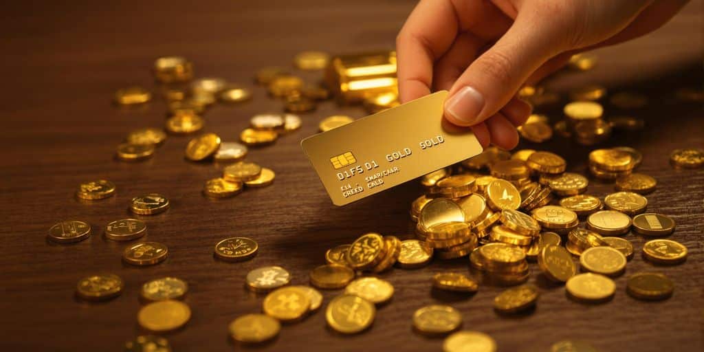 Main tenant une carte bancaire dorée devant des lingots d’or