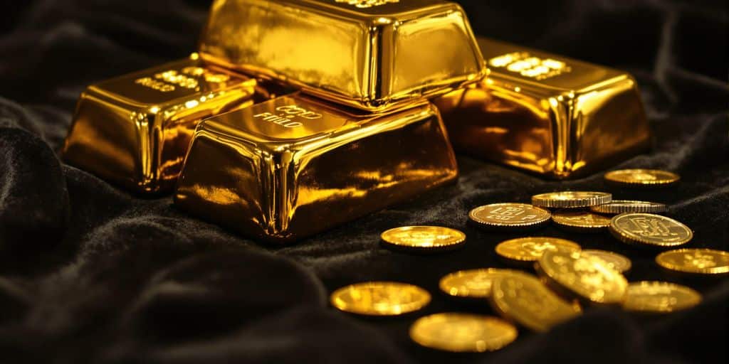 Lingots d'or brillants et pièces sur une surface sombre.