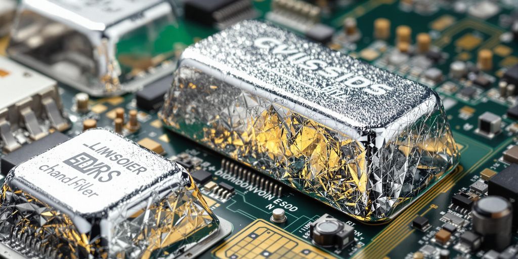 Lingots d'argent près de circuits électroniques.