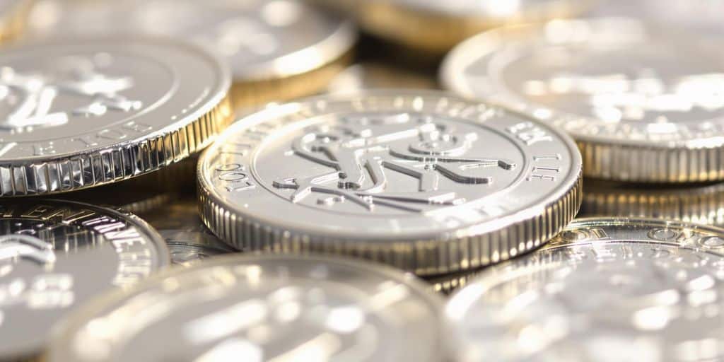 Pièces d'argent brillantes, piles de pièces d'argent
