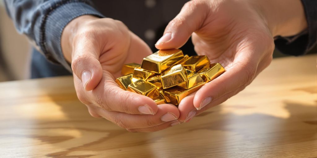 Mains échangeant des barres d'or sur une table en bois