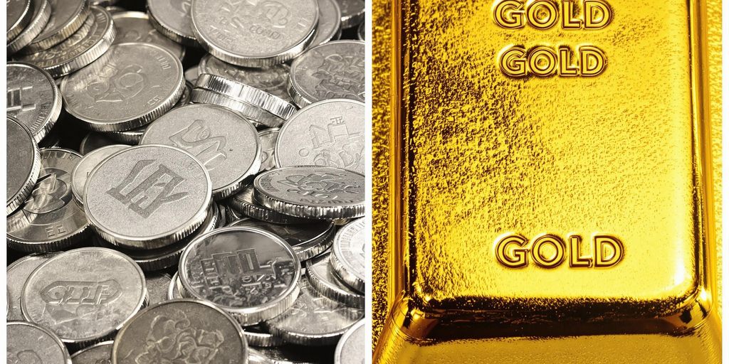 Une pile d'argent à côté d'une lingot d'or.