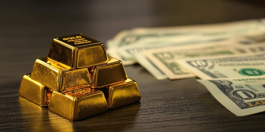 Barres d’or brillantes sur table en bois avec billets dollars