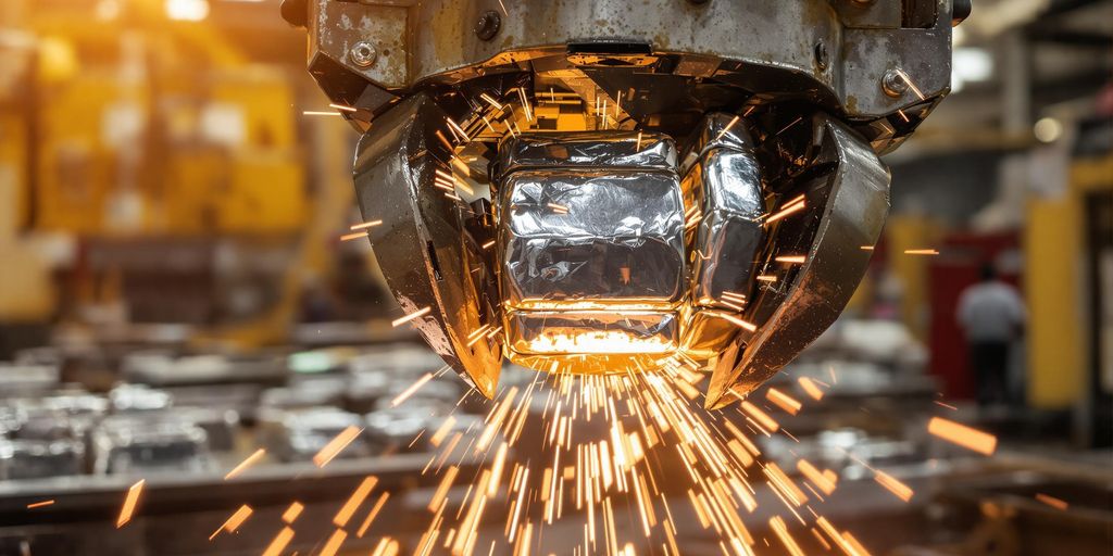 Machine industrielle saisissant des lingots d'argent.