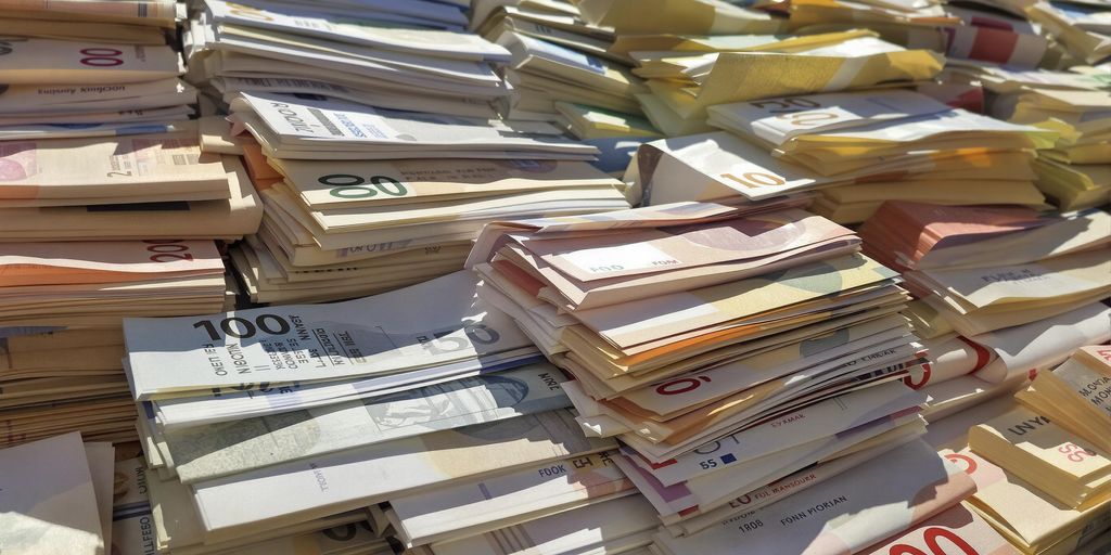 Faisceaux de billets de banque empilés et entrelacés.