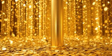 Pilier d'or brillant avec des pièces d'or tombant.