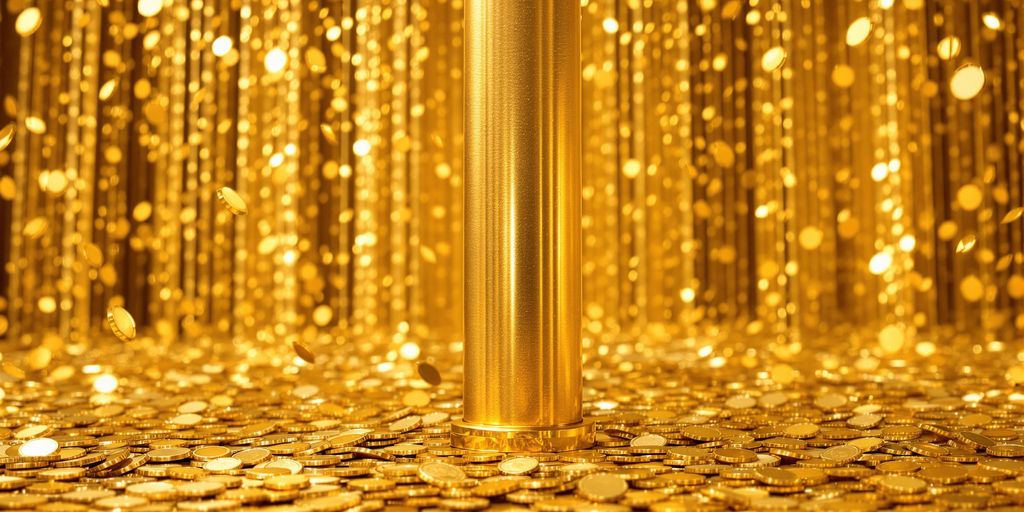 Pilier d'or brillant avec des pièces d'or tombant.