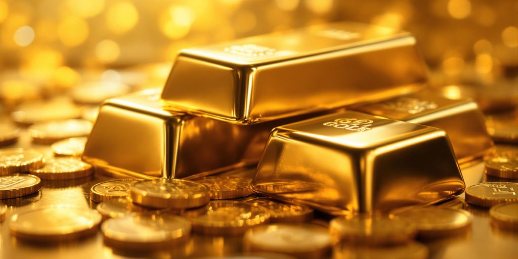 Barres d'or et pièces brillantes illuminées par une lumière chaude