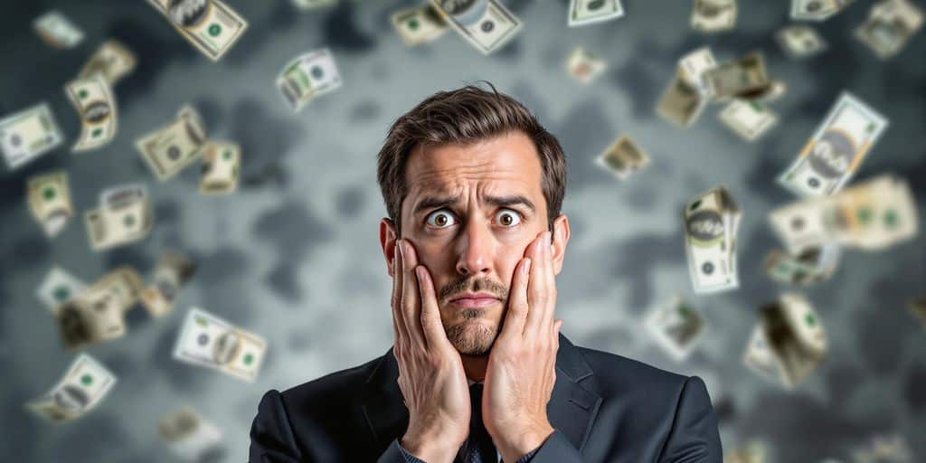 Personne confuse devant des billets devant un mur.
