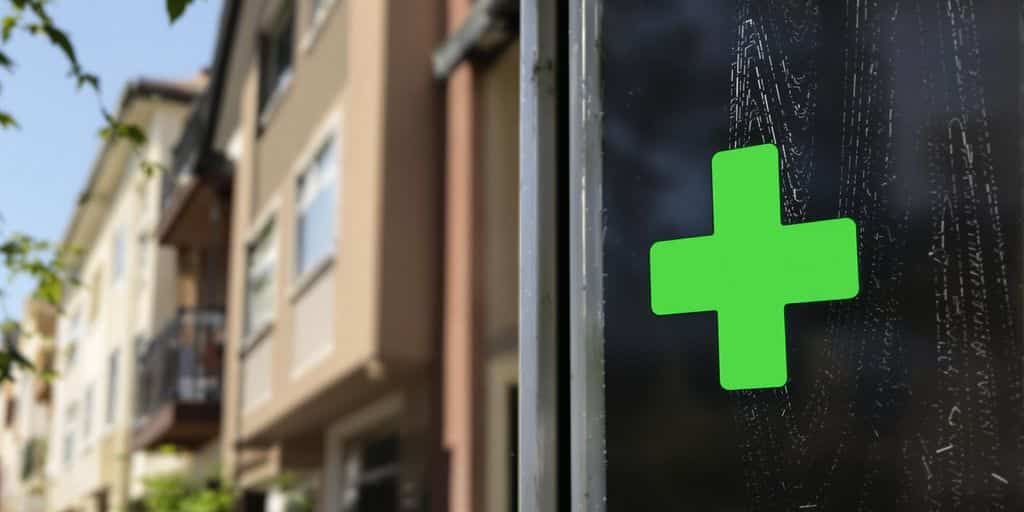Une maison avec une croix verte.