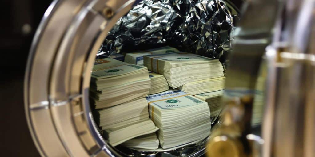 Un coffre-fort en métal ouvert avec des billets de banque à l'intérieur.