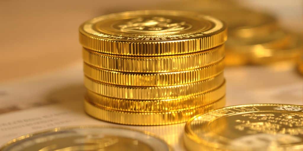 Pile de pièces d'or luistantes sous un éclairage doré.