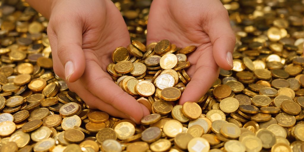 Personne observant une pile de pièces d'or.