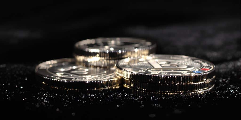 Pièces d'argent brillantes empilées sur fond sombre.