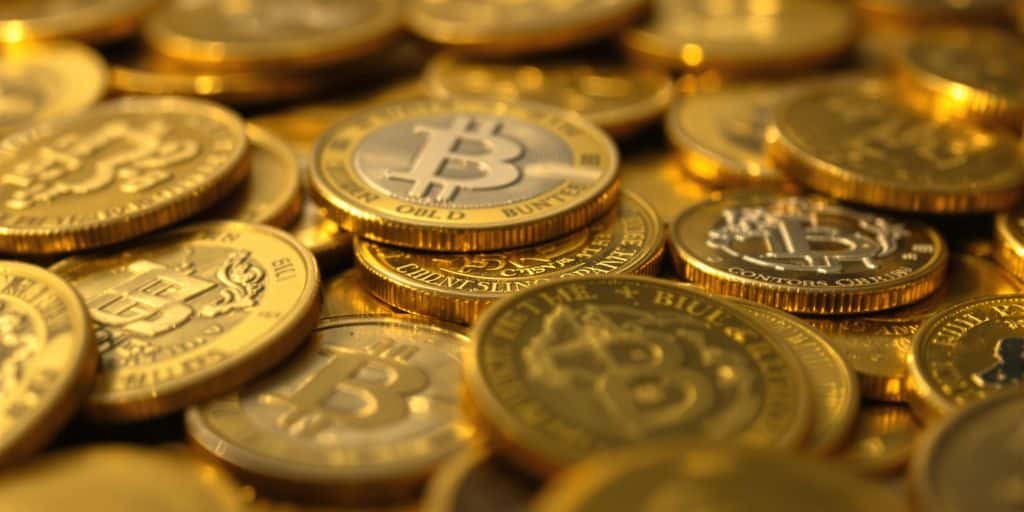 Pièces d'or brillantes étalées sur un fond sombre.